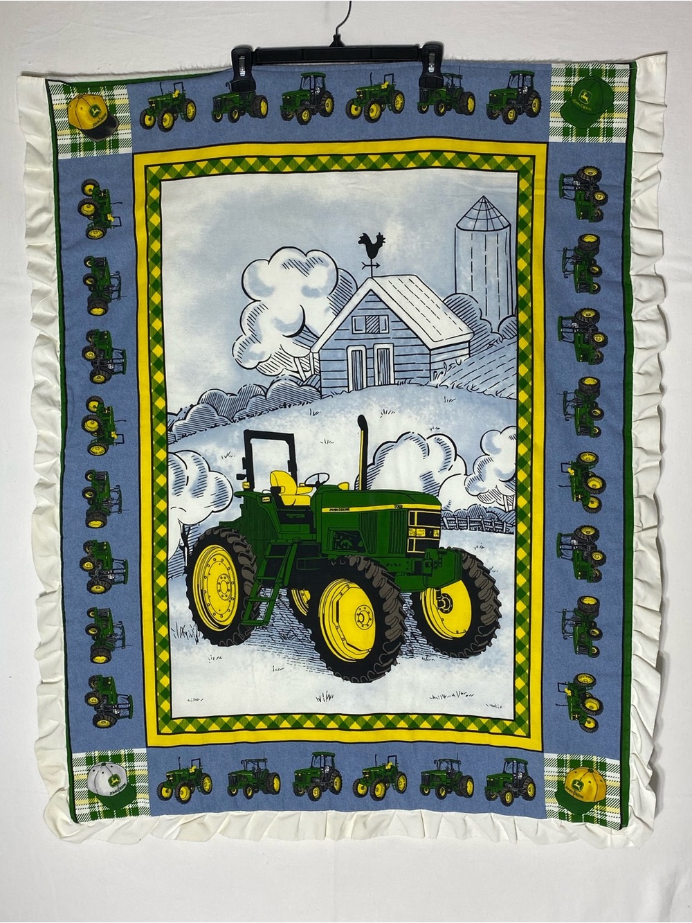 Handmade John Deere Tractor Scenic Quilt Baby Blanket Ruffle Trim 44x36